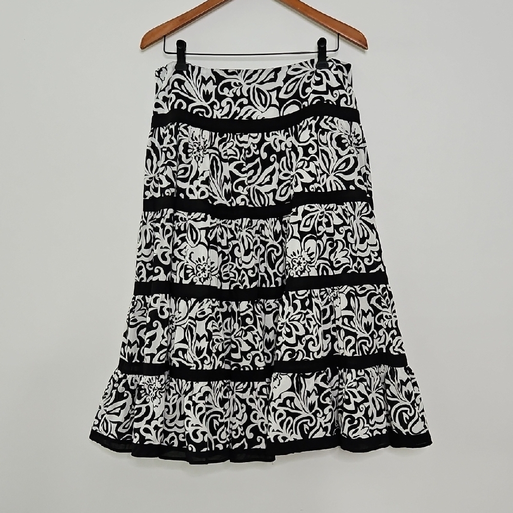 Black And White Tiered Skirt Full Boho Cotton Size 8